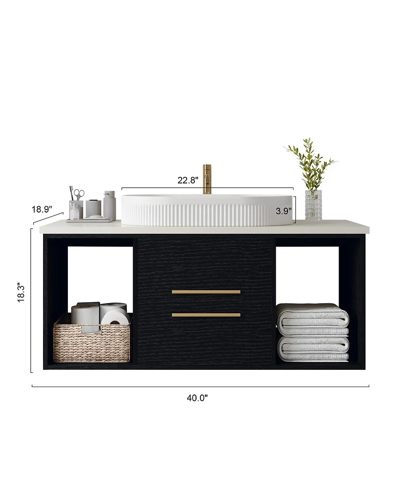 Sillysis 40" Wall-Mount Bathroom Vanity with Oval Ceramic Sink, Soft-Close Drawers & Open Shelf Storage for Contemporary Homes