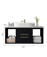 Sillysis 40" Wall-Mount Bathroom Vanity with Oval Ceramic Sink, Soft-Close Drawers & Open Shelf Storage for Contemporary Homes