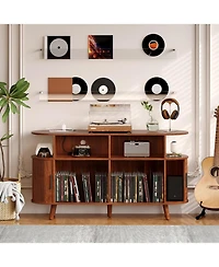 gaomon 55" Fluted Mid-Century Modern Turntable Cabinet with Vinyl Storage & Round Record Stand