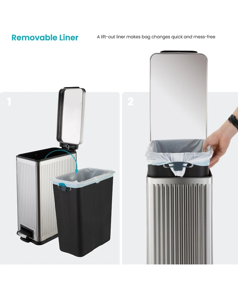 Home Zone Living 8 Gallon Slim Stainless Steel Kitchen Trash Can with Reeded Pattern, Step Pedal and Soft-Close Lid