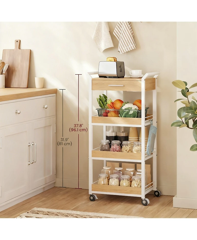 Yigii 4-Tier Rolling Storage Cart with Top Board, Drawer, Mesh Shelves, Lockable Casters