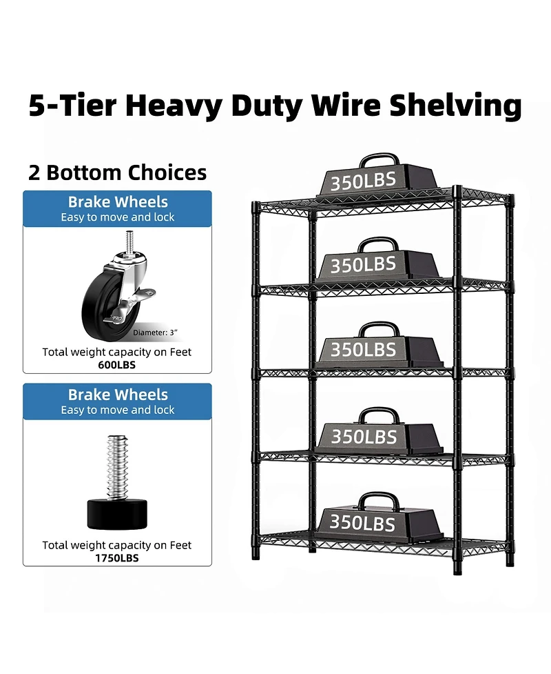 Rainsken 5-Tier Storage Shelves, Heavy Duty Metal Wire Shelving Unit, Adjustable Shelving Rack with Wheels for Basement, Warehouse