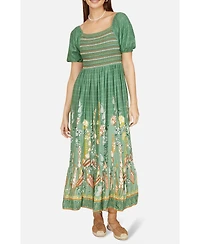 Yumi Women's Ruched Leaf Print Maxi Dress