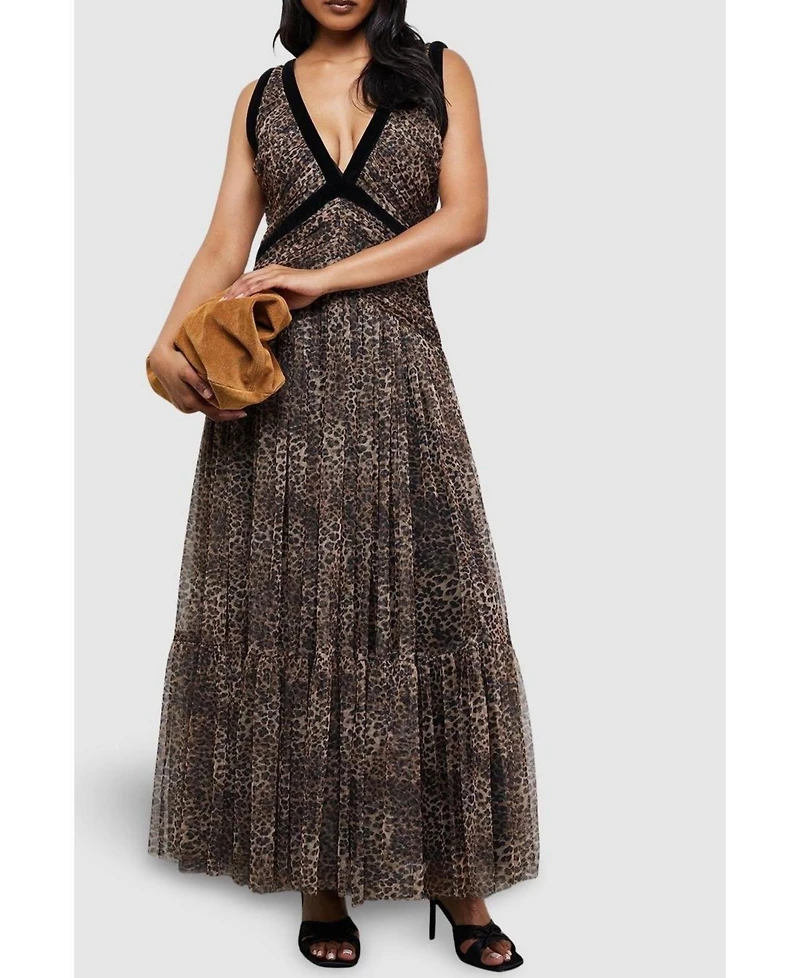 Warehouse Women's Velvet Trim Leopard Tulle Maxi Dress