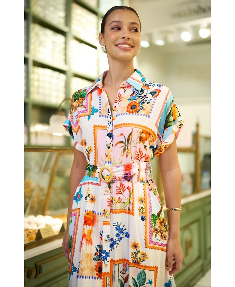 Yumi Women's Tropical Postcard Print Midi Shirt Dress