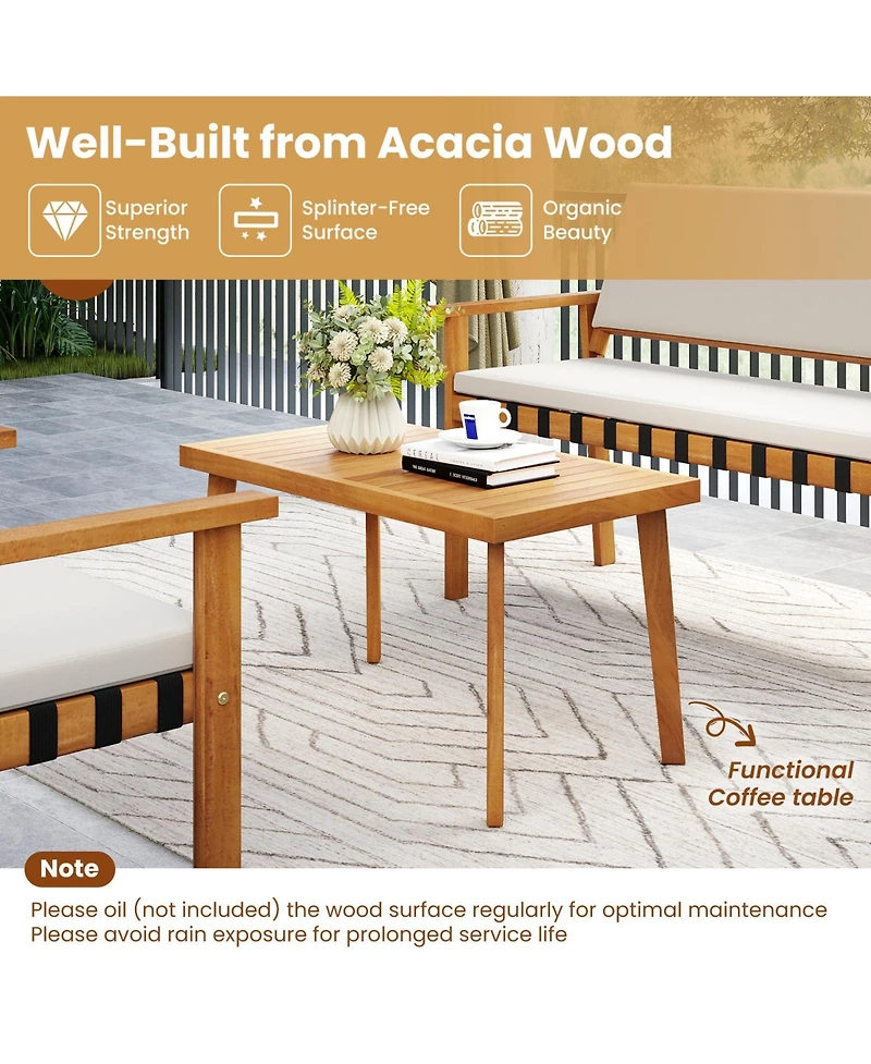 Gymax Set of 4 Wood Furniture Set w/Coffee Table Seat Back Cushions for Backyard Porch