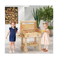 Hongge Kids Wooden Barbecue Grill Playset Pretend Kitchen with Food and Wheels