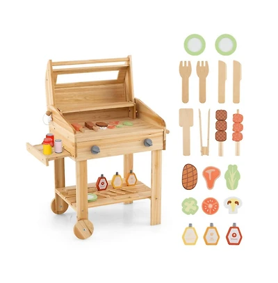 Hongge Kids Wooden Barbecue Grill Playset Pretend Kitchen with Food and Wheels