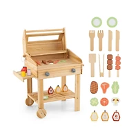 Hongge Kids Wooden Barbecue Grill Playset Pretend Kitchen with Food and Wheels