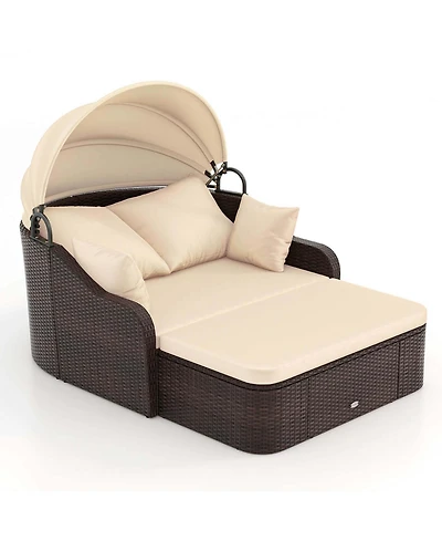 Gymax Outdoor Pe Rattan Daybed w/ Retractable Canopy Soft Cushions & Extra Pillows