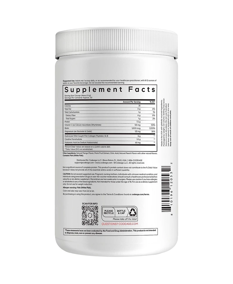 Codeage Creatine Collagen Peptides, Biotin, Magnesium, Hyaluronic Acid, Vit C, Mango Flavor, 15 oz