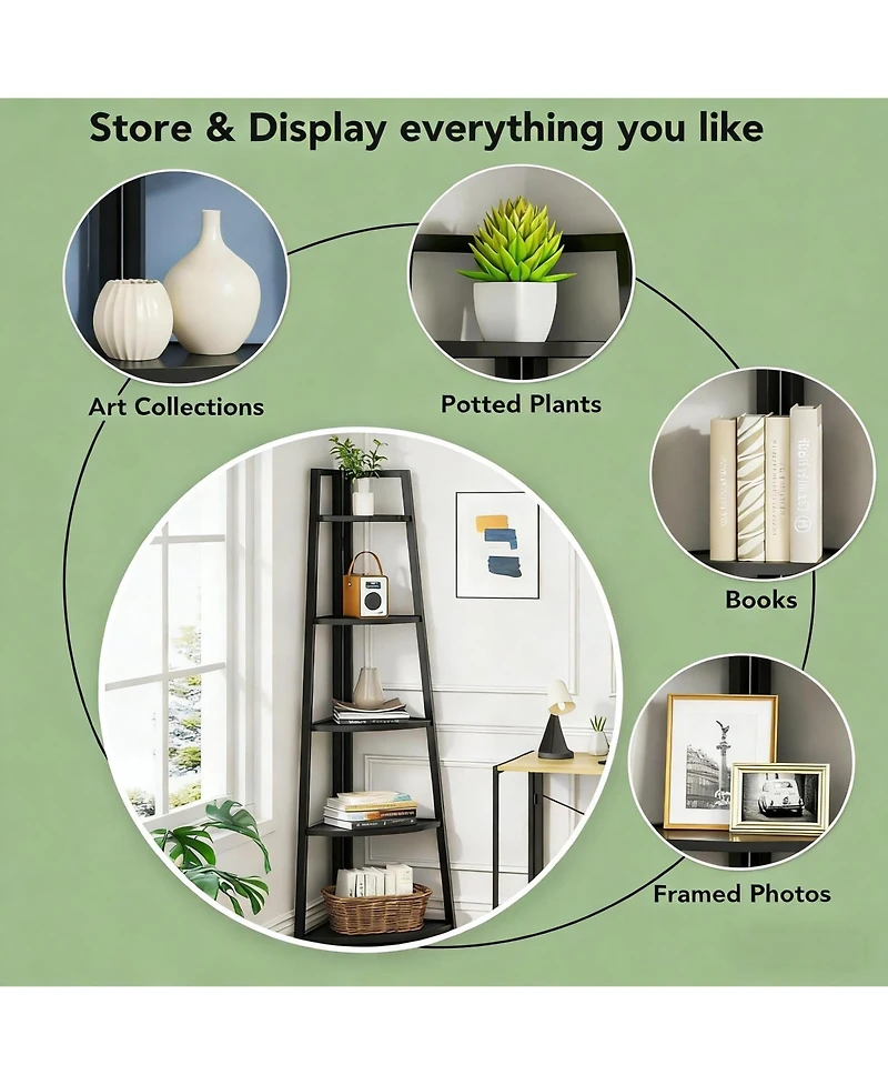 Rainsken 5-Tier Tall Corner Shelf, Ladder Display Shelf, Industrial Storage Organizer with 5 Open Shelves for Living Room, Home Office