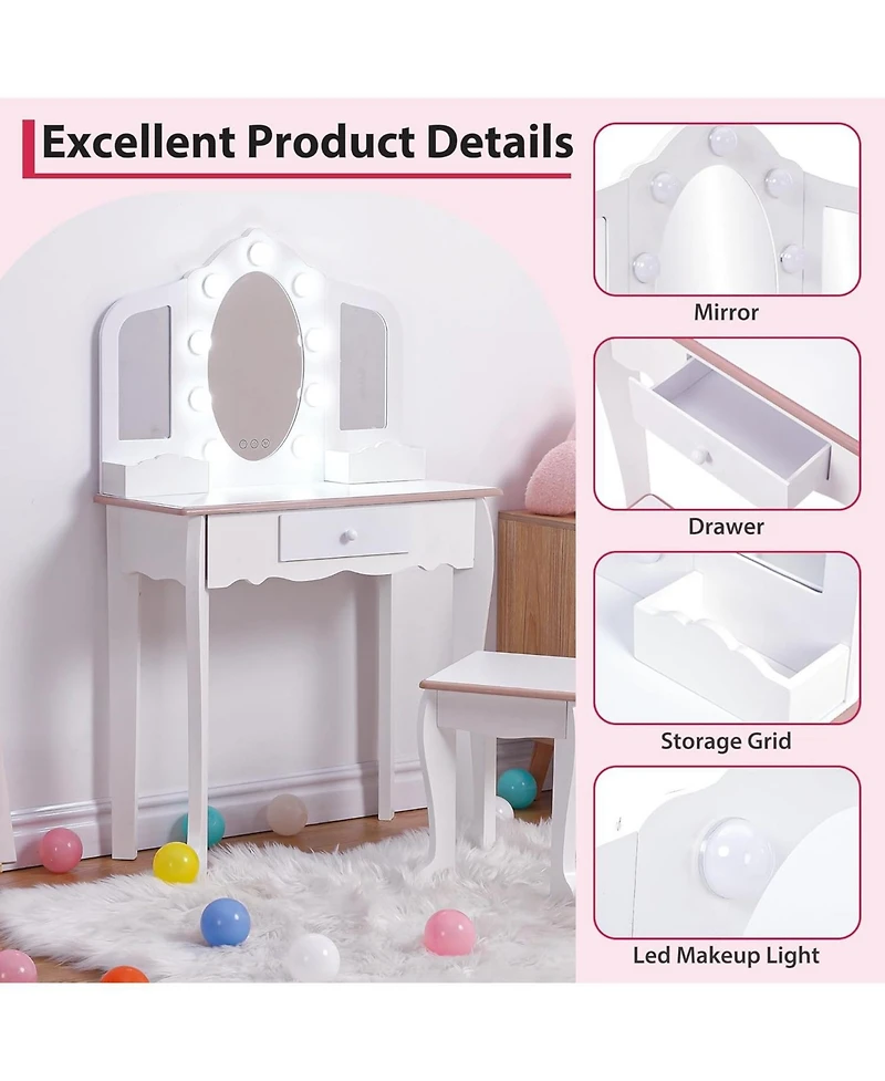 gaomon Kids Vanity Table and Chair Set with 3 Mirrors, Led Light & Drawer, Wooden Makeup Set