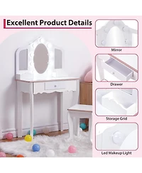 gaomon Kids Vanity Table and Chair Set with 3 Mirrors, Led Light & Drawer, Wooden Makeup Set