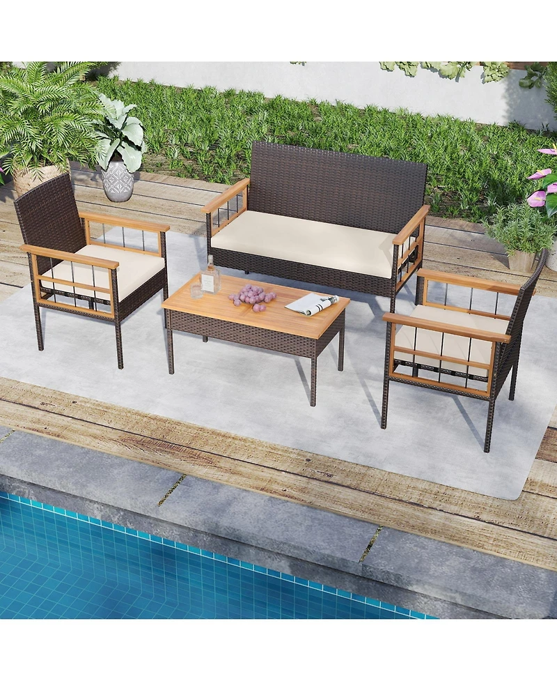 Gymax Set of 4 Wicker Furniture Set w/Acacia Wood Tabletop Armrests Cushions for Backyard