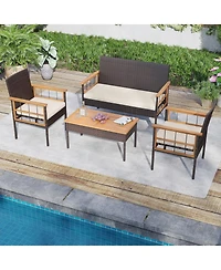 Gymax Set of 4 Wicker Furniture Set w/Acacia Wood Tabletop Armrests Cushions for Backyard