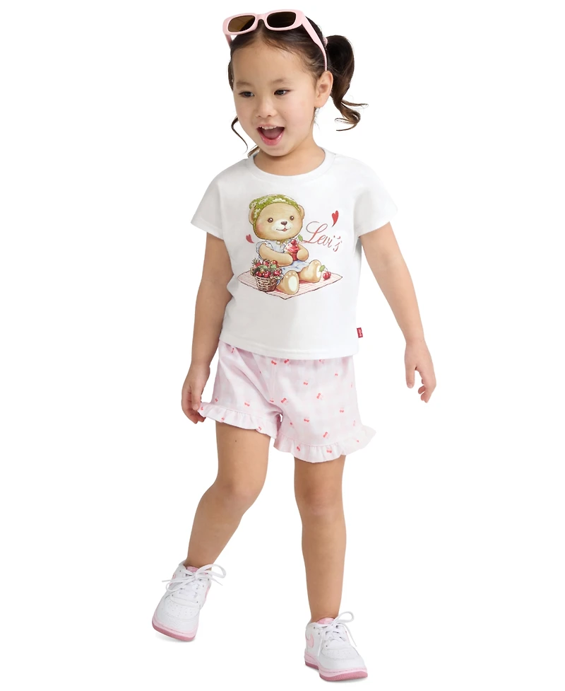 Levi's Girls' Toddler 2T-4T Crewneck T-Shirt and Shorts, 2-Piece Set