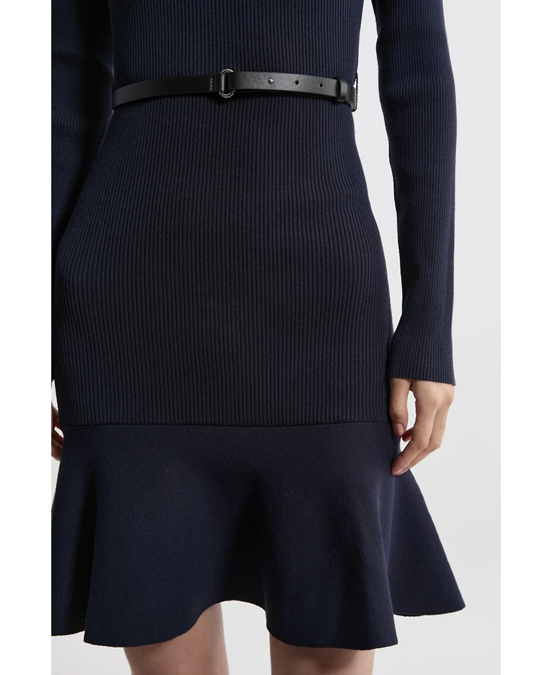 Karen Millen Women's Roll Neck Belted Flippy Hem Mini Dress