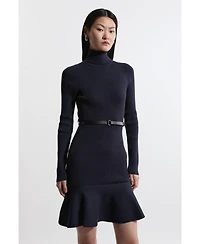 Karen Millen Women's Roll Neck Belted Flippy Hem Mini Dress