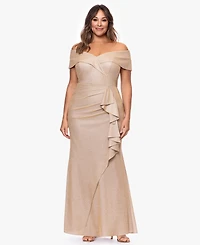 Xscape Plus Foil Knit Off-The-Shoulder Ruffle Gown
