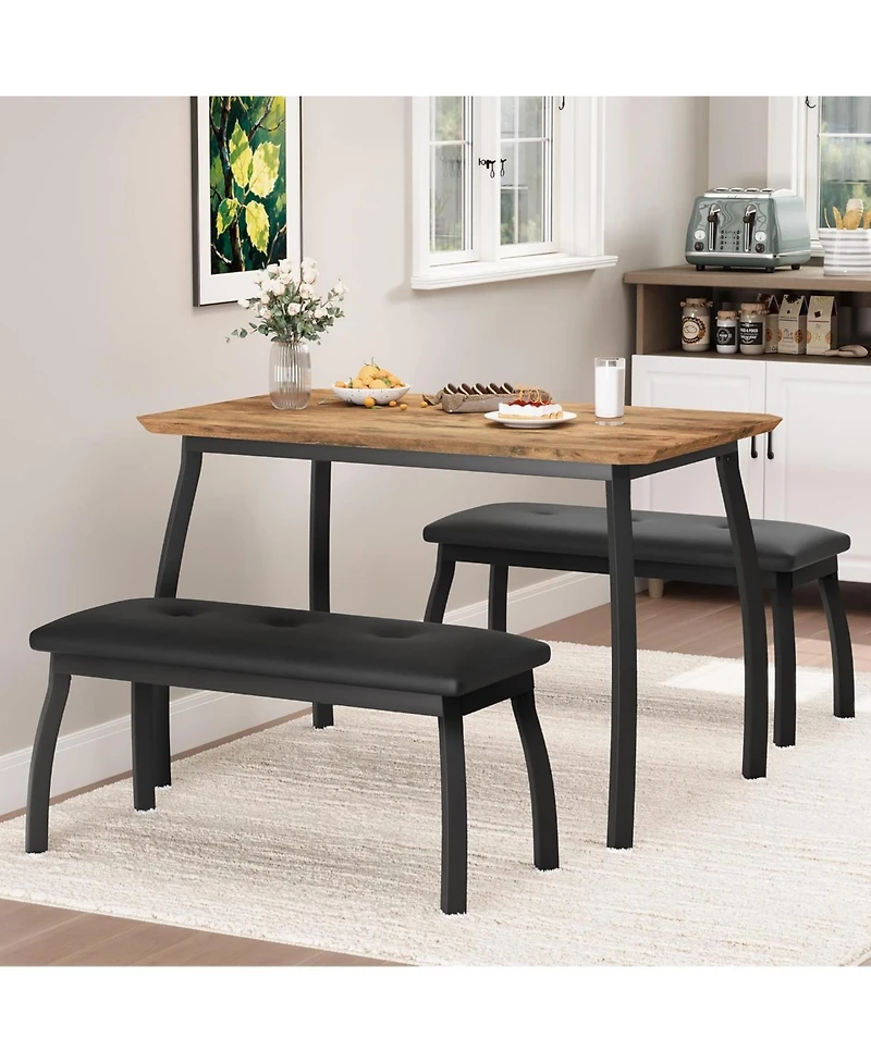 gaomon 3-Piece Wooden Dining Table Set with 2 Upholstered Benches, Retro Brown