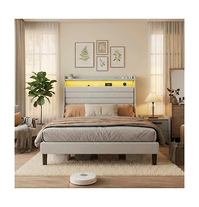 gaomon Bed Frame Linen Upholstered Headboard Led Lights Usb Charging Storage Noise Free No Box Spring