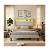 gaomon Bed Frame Linen Upholstered Headboard Led Lights Usb Charging Storage Noise Free No Box Spring