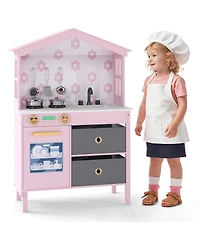 Mecale Kids Play Kitchen Toy with 2 Stoves & Rotating Knobs, Wooden Pretend Play Set