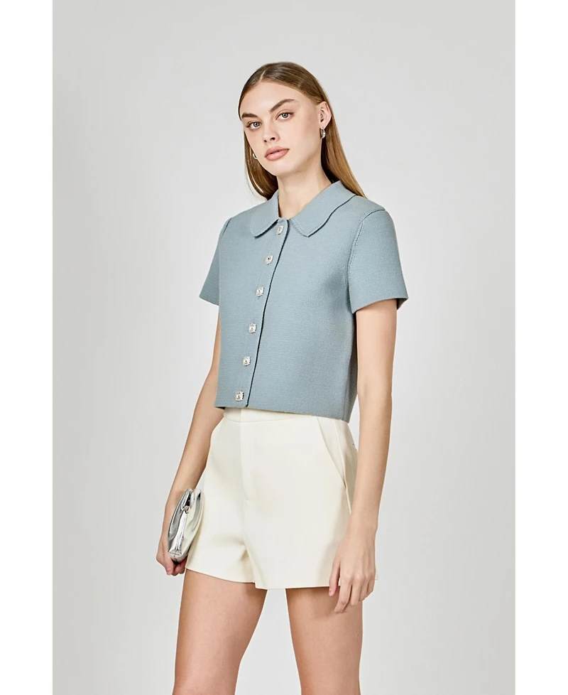 endless rose Women's Jewel Buttoned Cropped Knit Top