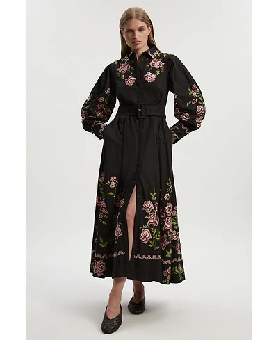 Karen Millen Women's Rose Embroidered Cotton Shirt Dress