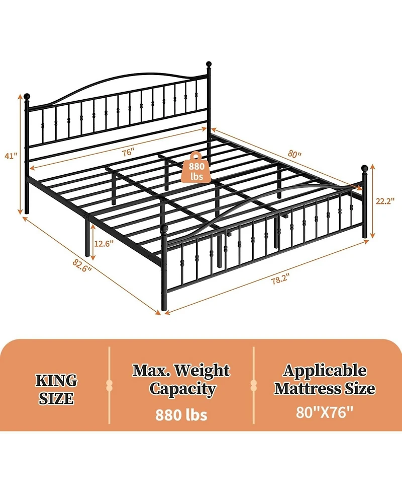 gaomon King Size Metal Platform Bed Frame with Victorian Style Wrought Iron-Art Headboard and Footboard,Mattress Foundation,Under Bed Storage,Noise