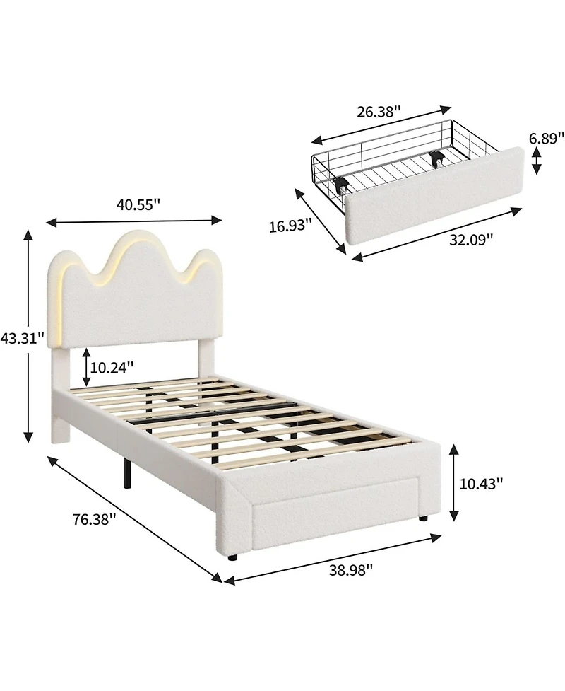 gaomon Bed Frame Adjustable Upholstered Headboard Storage Drawers Boucle Lamb Fleece Led Kids Bed Wood Slats