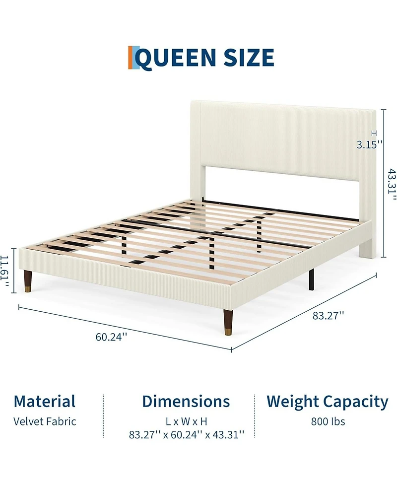 gaomon Upholstered Platform Bed Frame Modern Fabric Headboard Sturdy Metal and Wood Slats Non-Slip Noise Free Easy Build