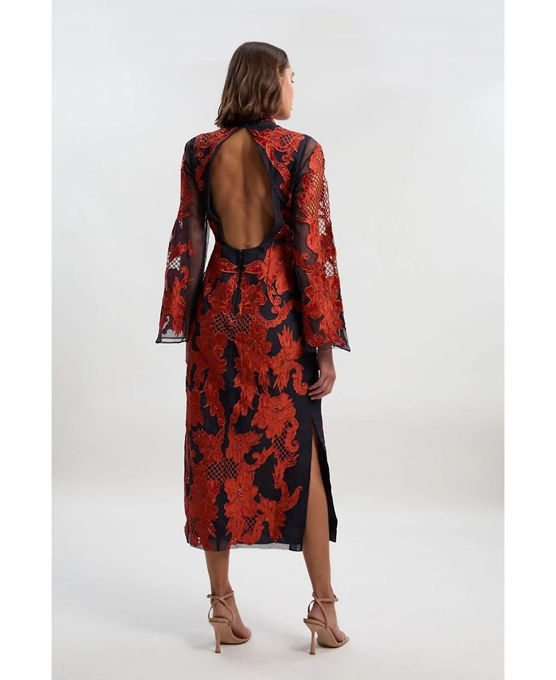 Karen Millen Women's High Neck Embroidered Midi Dress