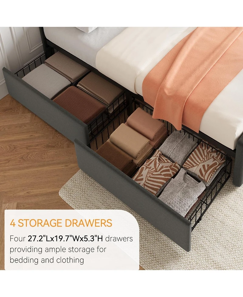 gaomon Full Bed Frame With 4 Drawers Linen Upholstered Headboard Button Design Wood Slats No Box Spring Light