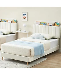 gaomon Full Bed Frame Storage Headboard Velvet Upholstered Platform Bed Kids Wood Slats Noise Free