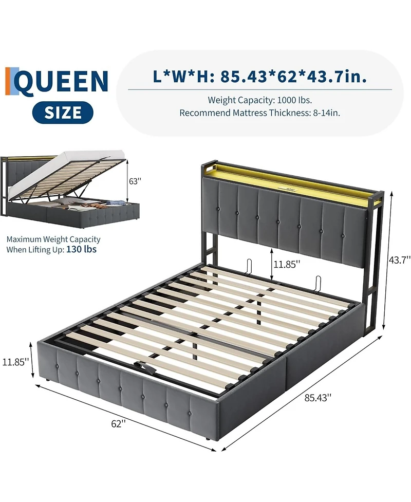 Queen Bed Frame with Lift Up Storage and Led Upholstered Storage Headboard Charging Metal Platform Bed Wood Slats No Box Spring