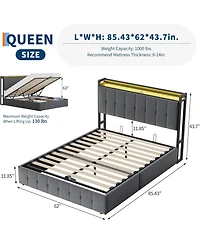 Queen Bed Frame with Lift Up Storage and Led Upholstered Storage Headboard Charging Metal Platform Bed Wood Slats No Box Spring
