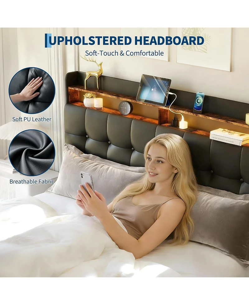 gaomon Queen Size Bed Frame with 2 Storage Drawers, Upholstered Bed Frame Queen with Led Light, Double-Layer Bedside Headboard Charging Socket Usb