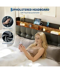 gaomon Queen Size Bed Frame with 2 Storage Drawers, Upholstered Bed Frame Queen with Led Light, Double-Layer Bedside Headboard Charging Socket Usb