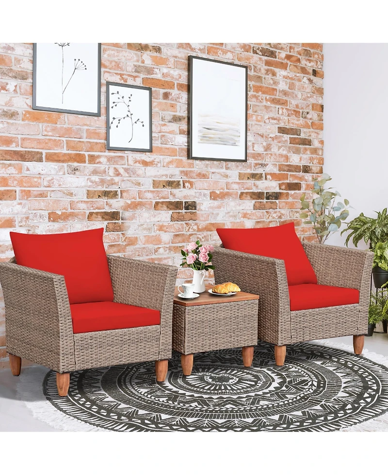 Gymax 3PCS Rattan Patio Conversation Furniture Set w/ Wooden Feet Cushions