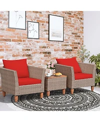 Gymax 3PCS Rattan Patio Conversation Furniture Set w/ Wooden Feet Cushions