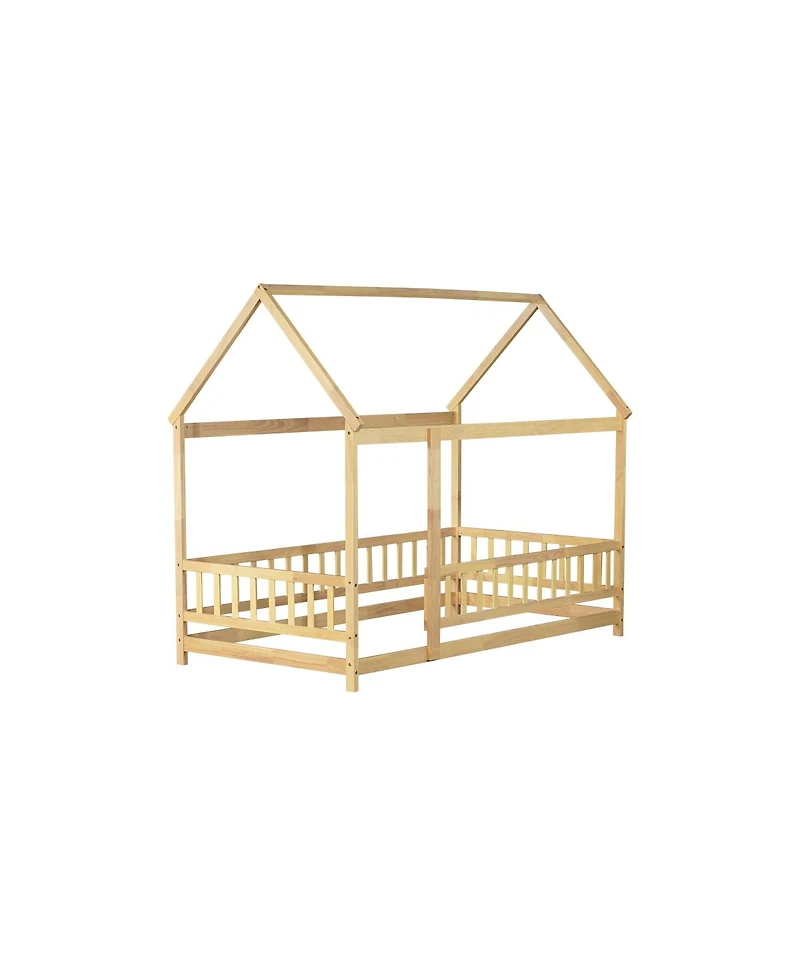 Streamdale Furniture Streamdale Twin Size House Floor Bed with Roof Frame & Guardrails