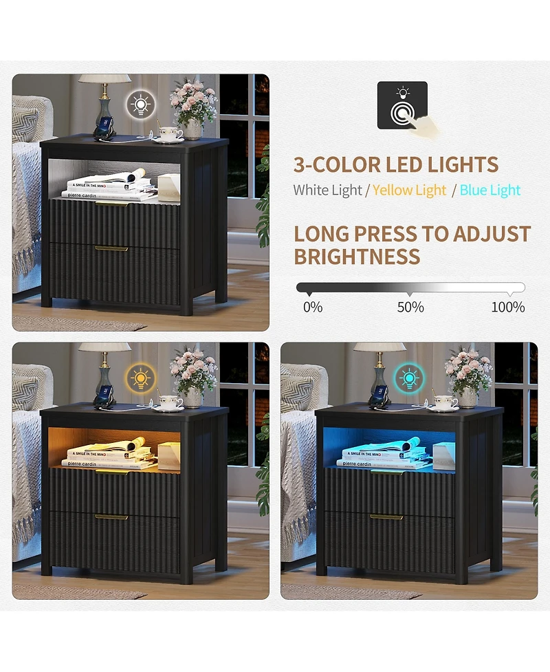 Vlsrka 24" Modern Led Nightstand with 3 Drawers and Charging Station