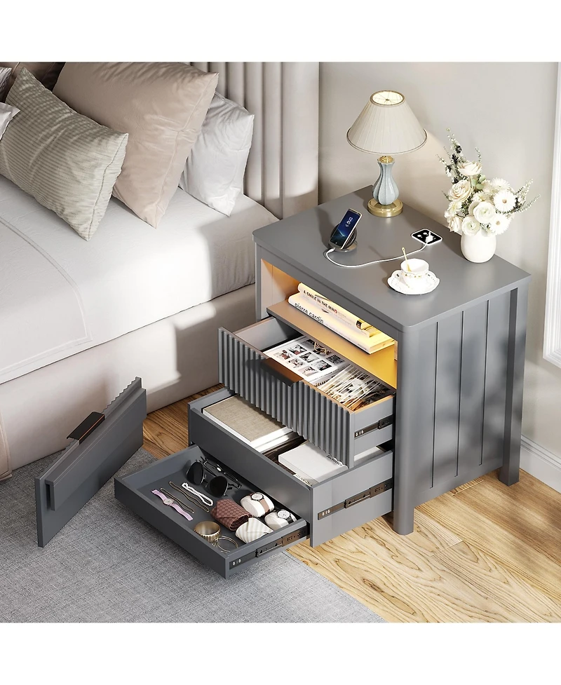 Vlsrka 24" Modern Led Nightstand with 3 Drawers and Charging Station