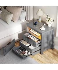 Vlsrka 24" Modern Led Nightstand with 3 Drawers and Charging Station