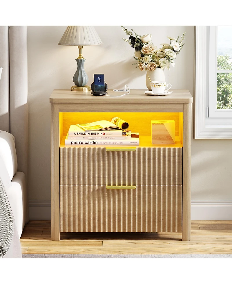 Vlsrka 24" Modern Led Nightstand with 3 Drawers and Charging Station