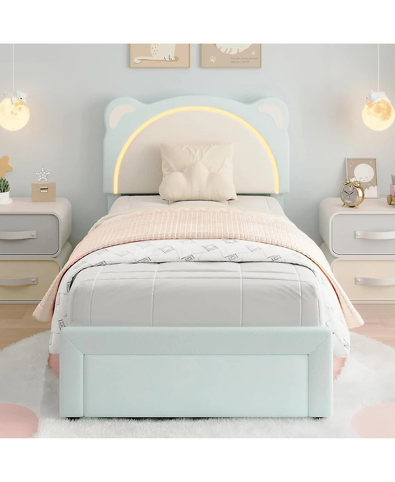 gaomon Twin Xl Upholstered Bed Frame Adjustable Headboard and Smart Led Platform Storage Drawer Wood Slats No Box Spring