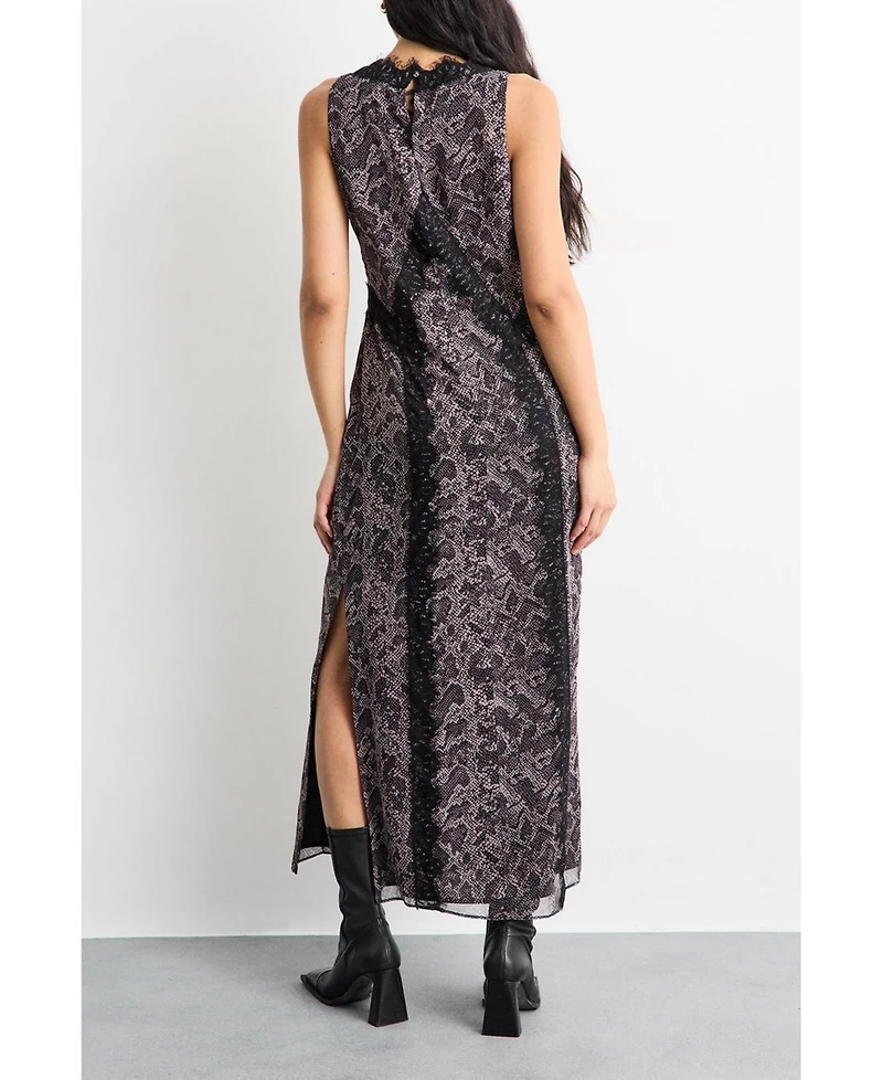 Warehouse Women's Chiffon Printed Lace Trim Dress