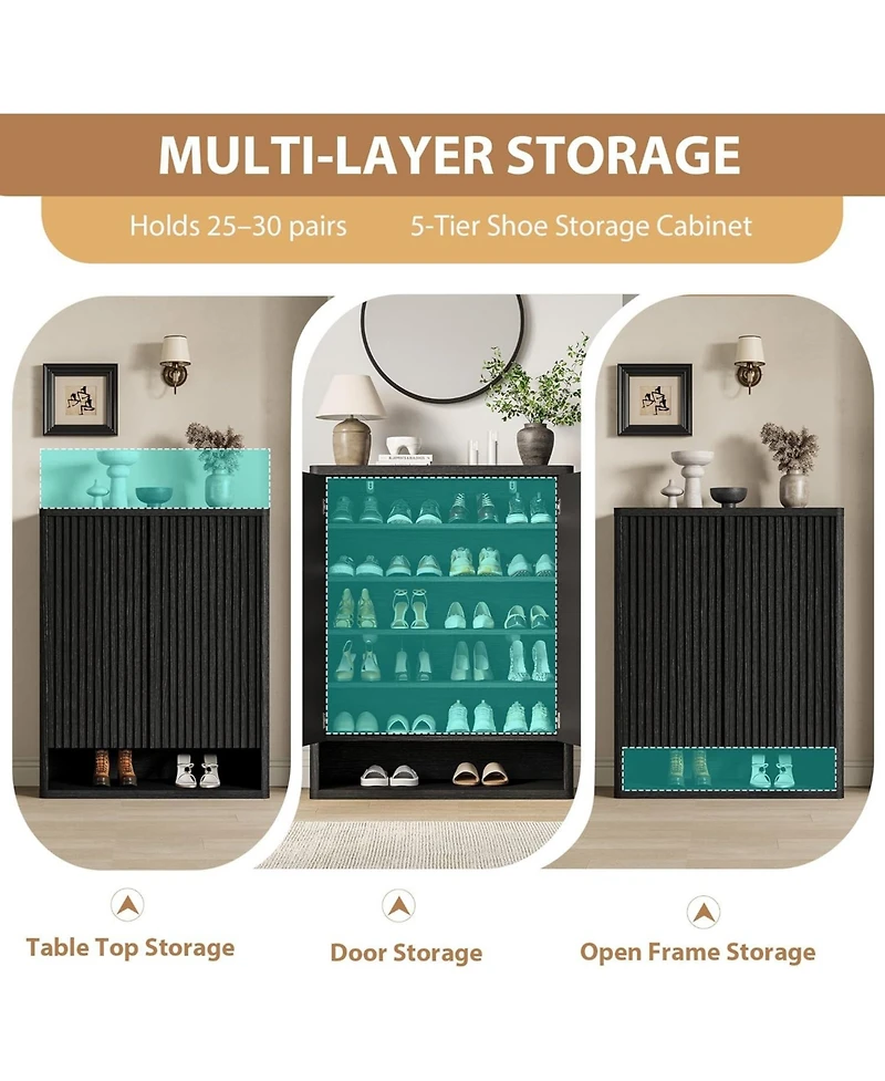 gaomon Modern Wooden Shoe Cabinet with Adjustable Shelves and Fluted Door – Narrow Entryway Organizer